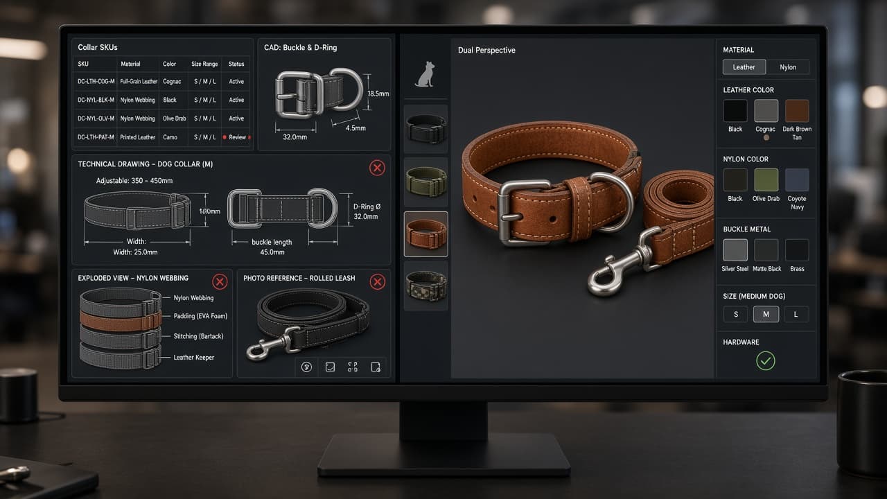 Monitor ultrawide: a la izquierda CAD y hojas de cálculo caóticos; a la derecha un configurador 3D Dual Perspective de collares y correas para perros.